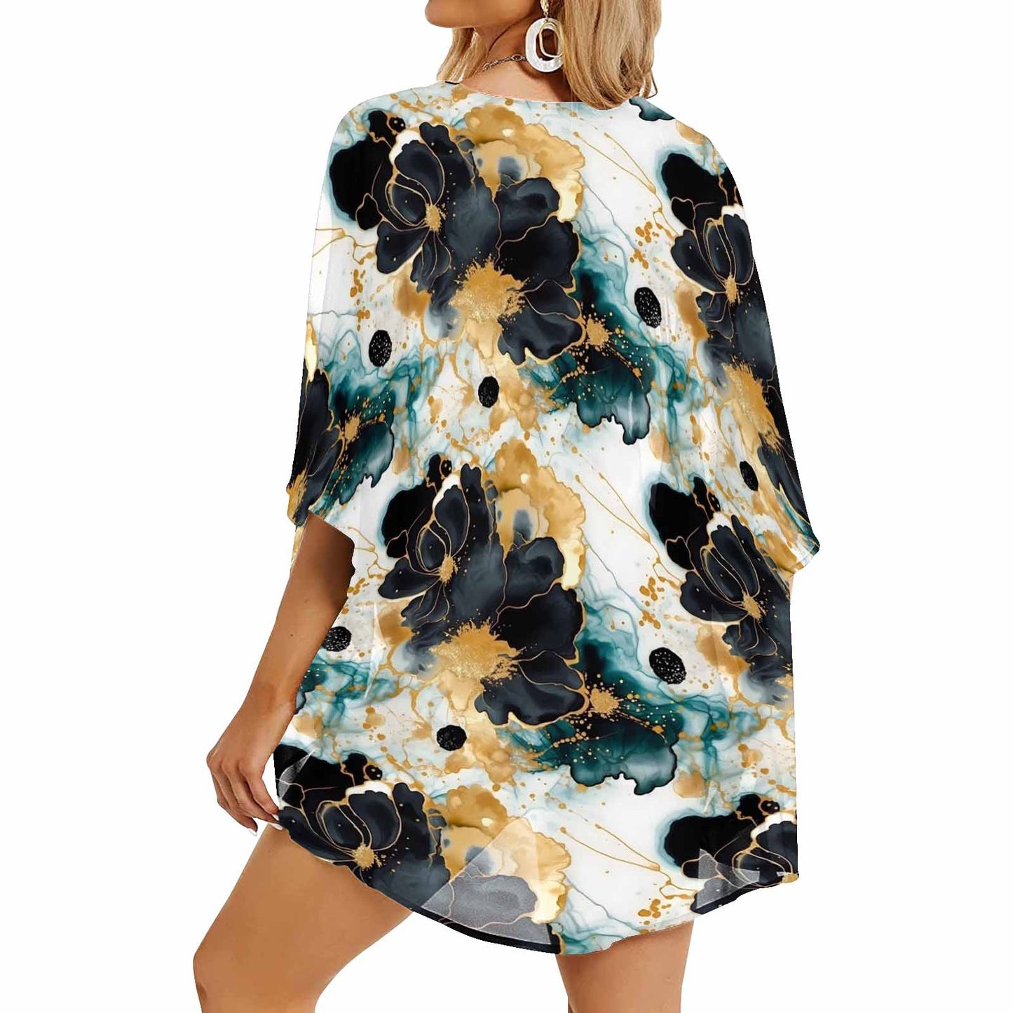 Black Gold & Green Ink Floral Women's Kimono Chiffon Cover Up