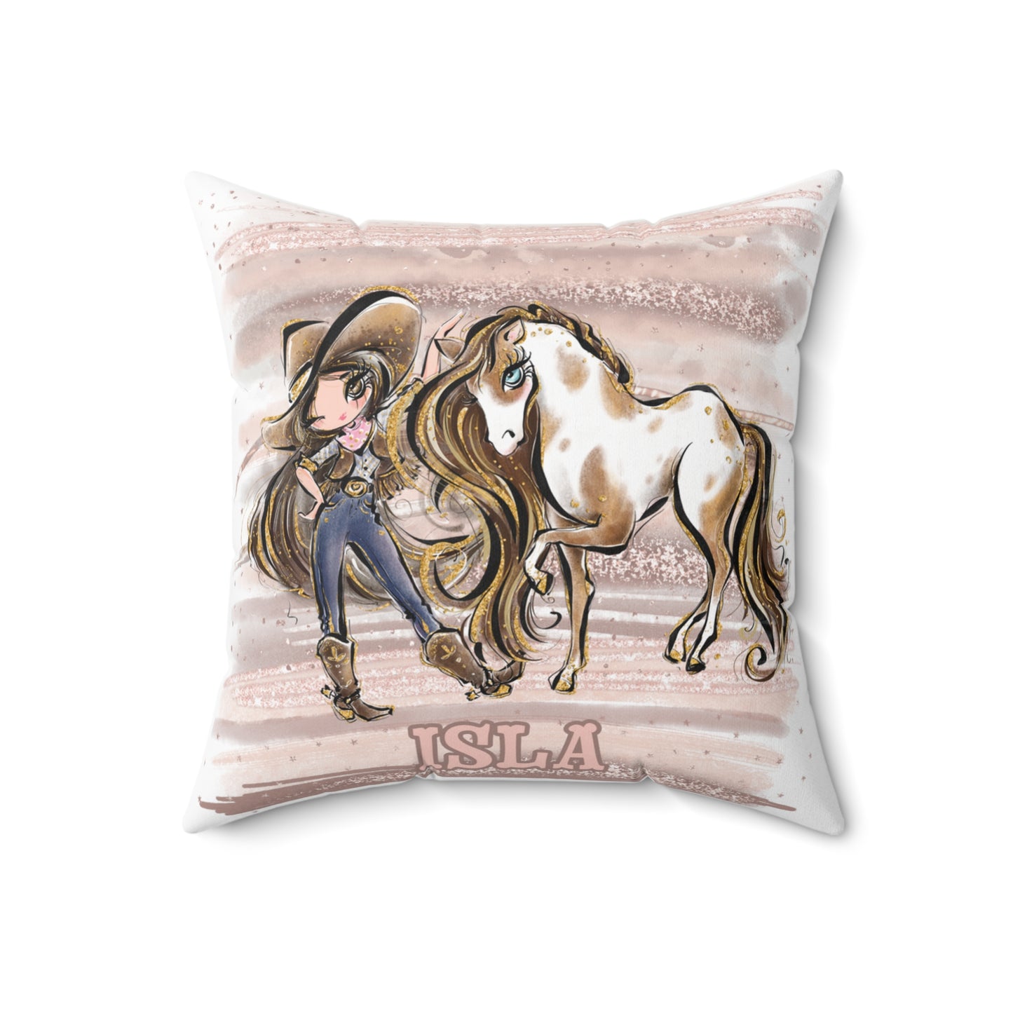 Personalised Cowgirl and Horse Cushion,  Brown Hair, Brown Eyes, Polyester Square Cushion, Christmas cushion