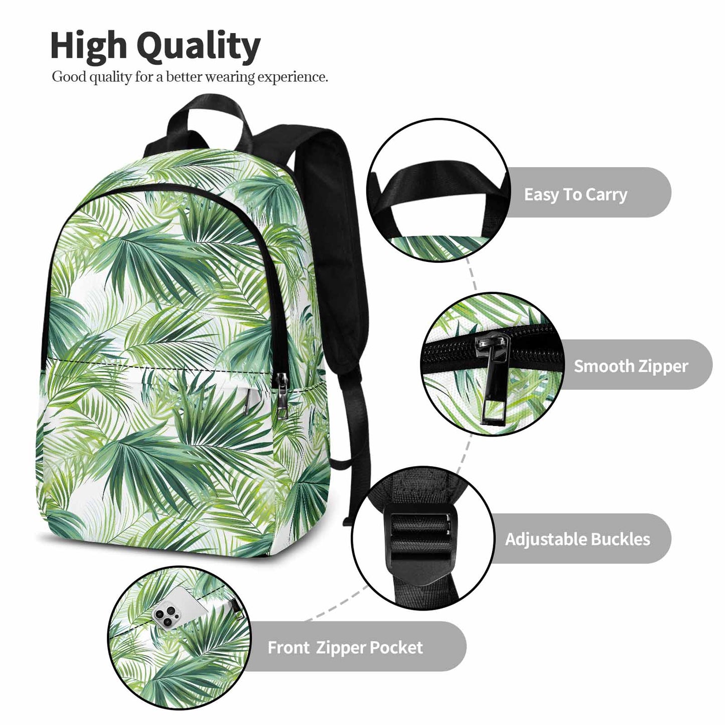 Green Palm Leaves Adult Casual Backpack