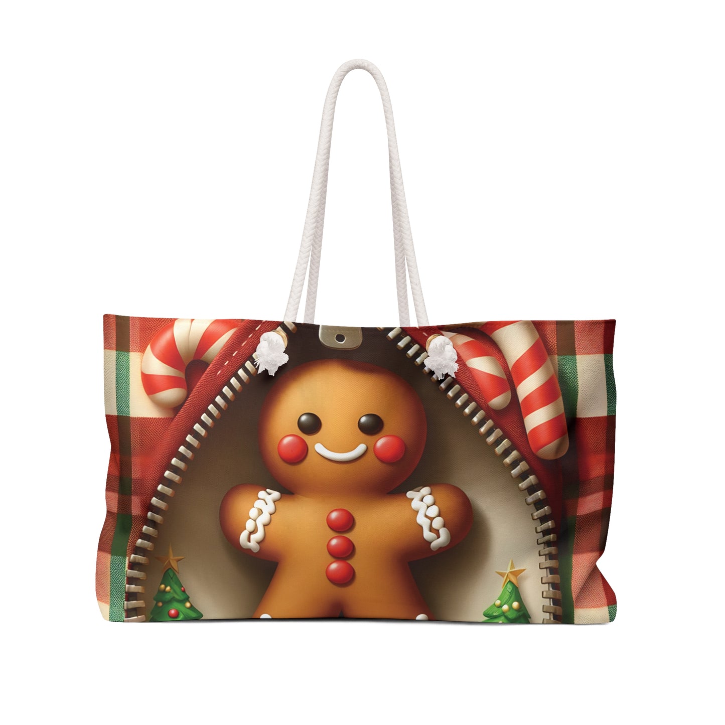 Personalised/Non-Personalised Weekender Bag, Cute Gingerbread Man, Christmas, Tartan, Large Weekender Bag, Beach Bag, Book Bag