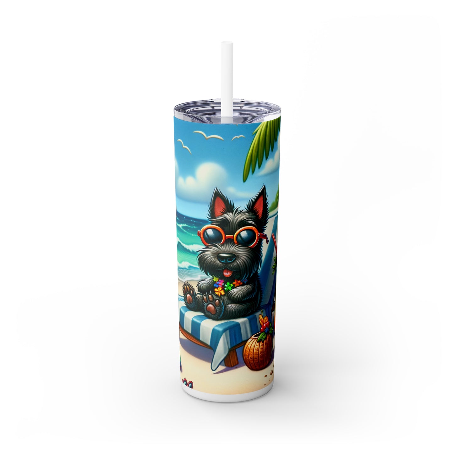 Skinny Tumbler with Straw, 20oz, Dog on Beach, Scottish Terrier, awd-1241