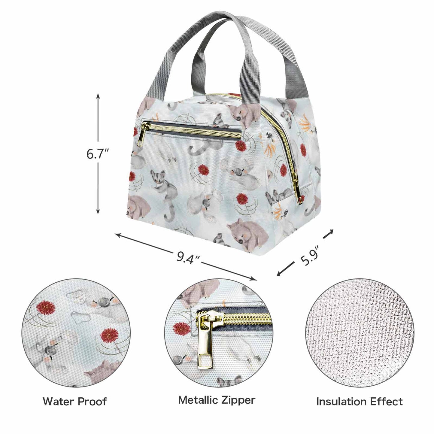 Australian Animals Koala, Sugar Glider, Wombat  Portable Lunch Bag-Grey Handle