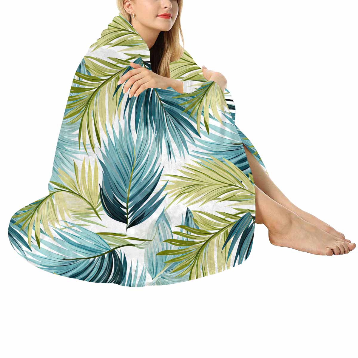 Palm Leaves Blue Green  Circular Micro Fleece Blanket 47"