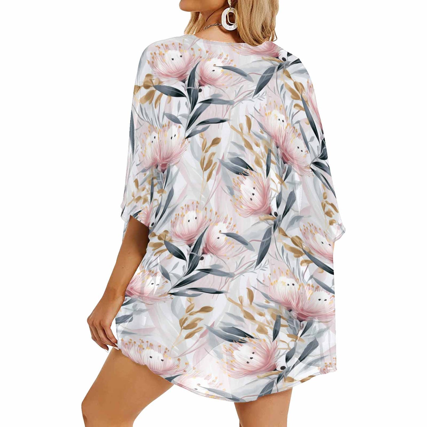 Australian Floral Pink & Grey Women's Kimono Chiffon Cover Up