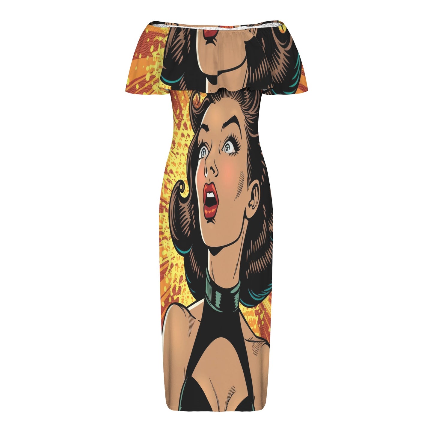 Pop Art awd709 Women's Off Shoulder Ruffle Boat Neck Dress (Model D71)