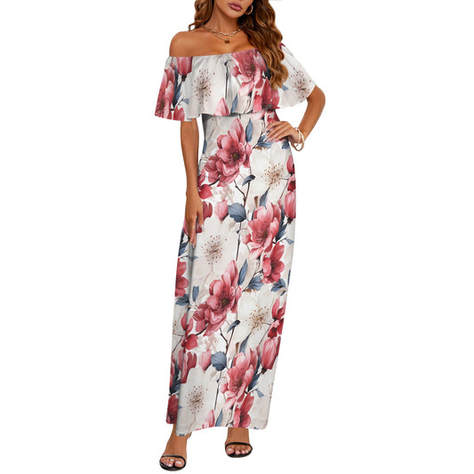 Pink Floral Small Women's Off Shoulder Ruffle Boat Neck Dress (Model D71)