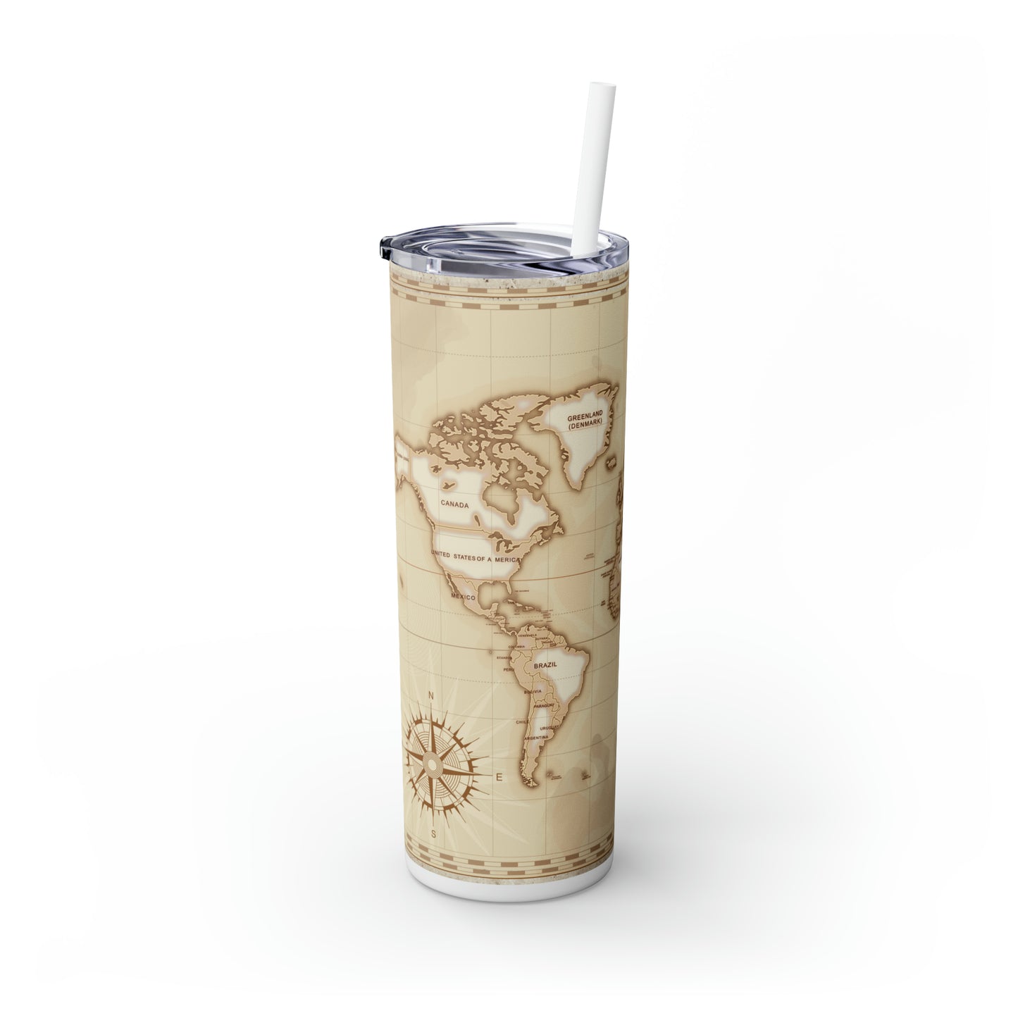 Skinny Tumbler with Straw, 20oz, Travel, World Map