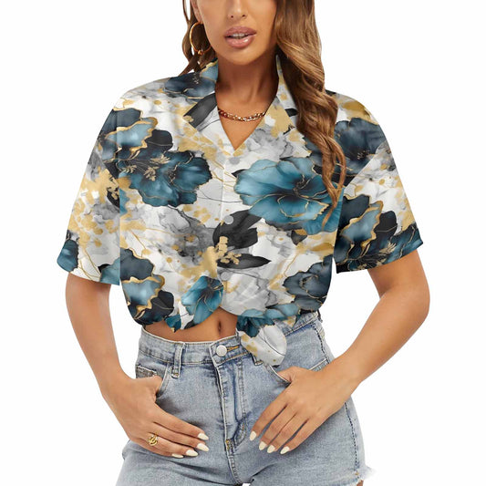 Blue & Gold Ink Floral  Women's Hawaiian Shirt