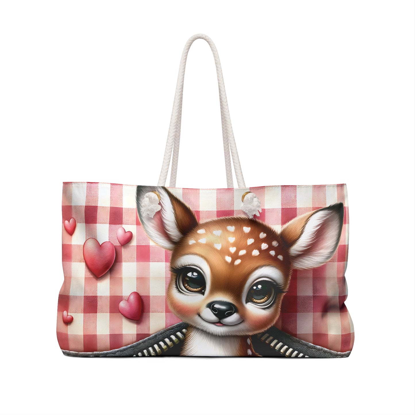 Personalised/Non-Personalised Weekender Bag, Cute Deer, Zipper, Valentines Day, Large Weekender Bag, Beach Bag, Book Bag