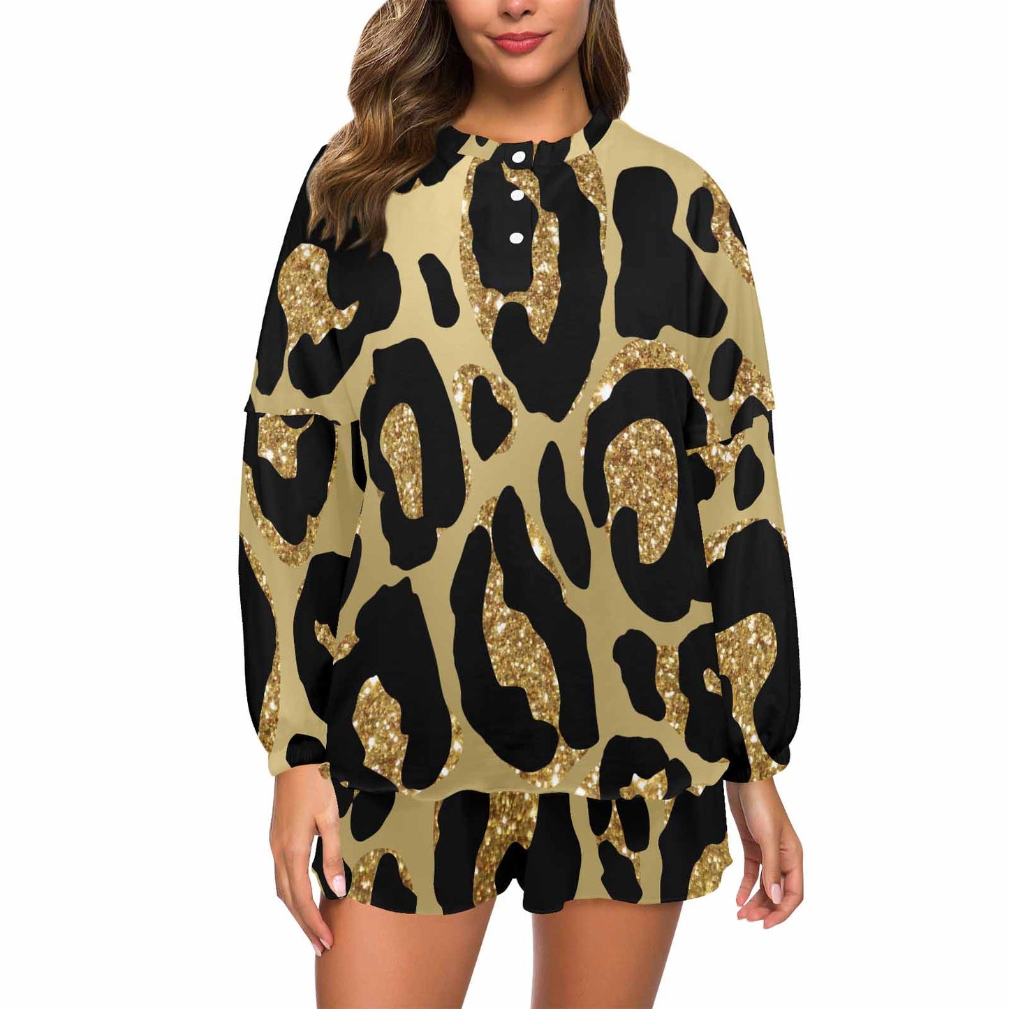 Animal Print 2  Women's Long Sleeve Pajama Set with Shorts