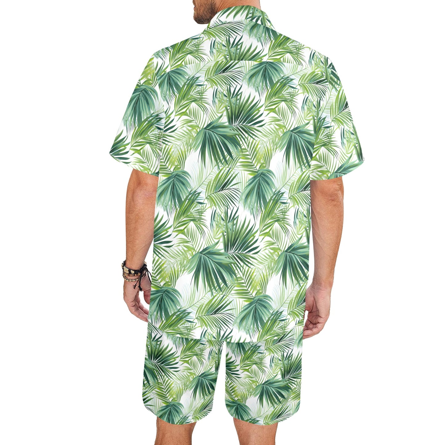 Men's Shirt & Shorts Set Palm Leaves Green Men's Shirt and Shorts Outfit (Set26)