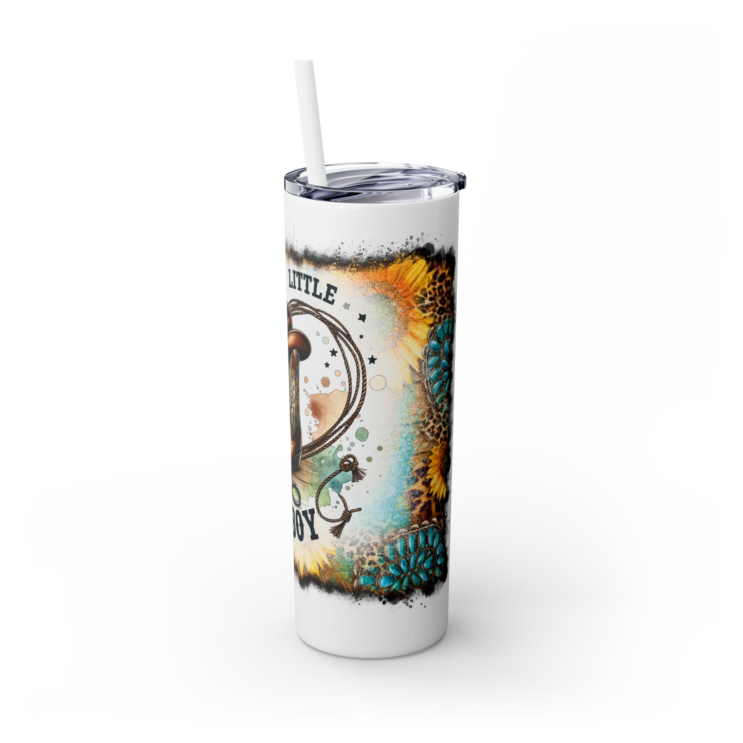 Skinny Tumbler with Straw, 20oz, Sunflowers, Western, Quote, Mommy's Little Cowboy