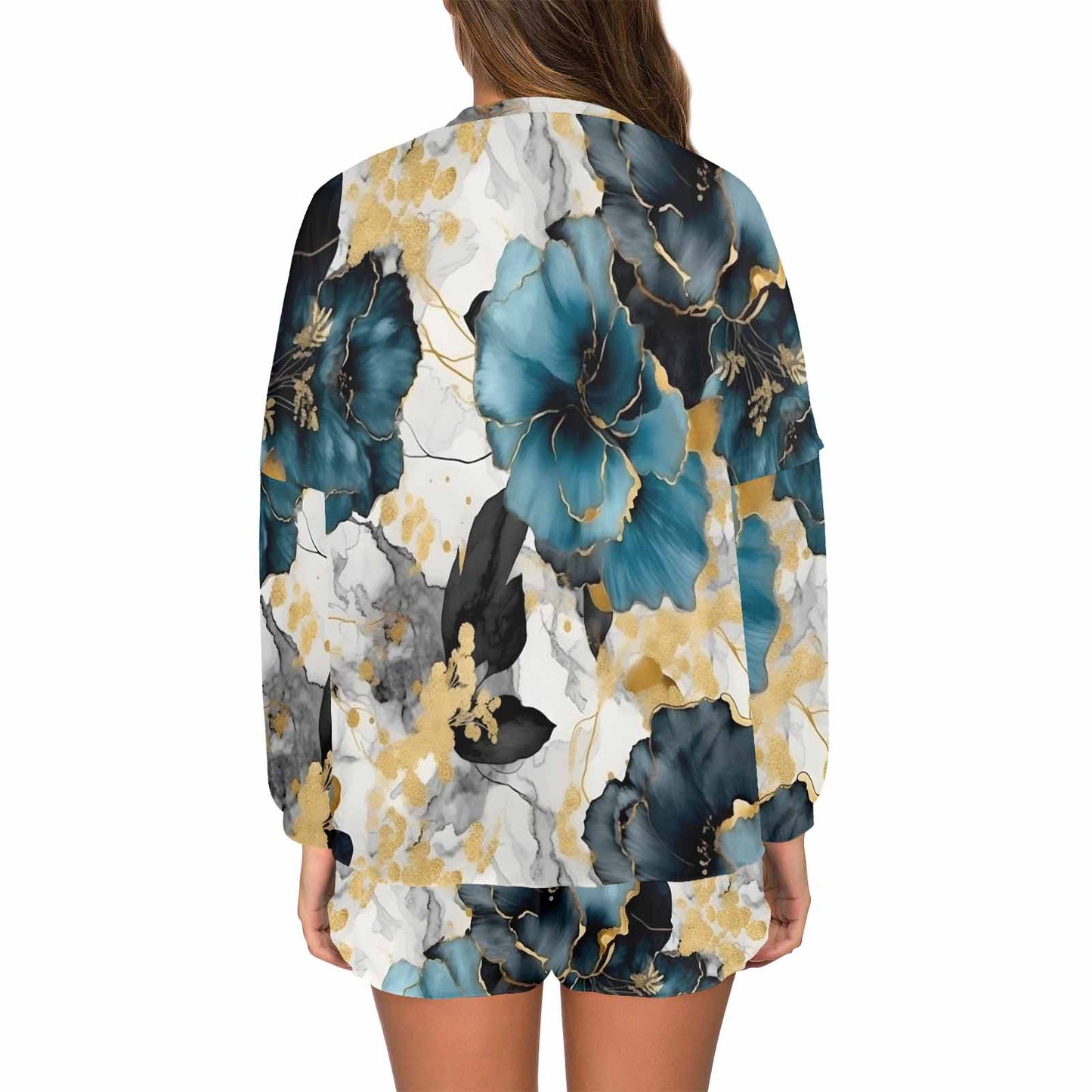 Blue & Gold Ink Floral Women's Long Sleeve Pajama Set with Shorts