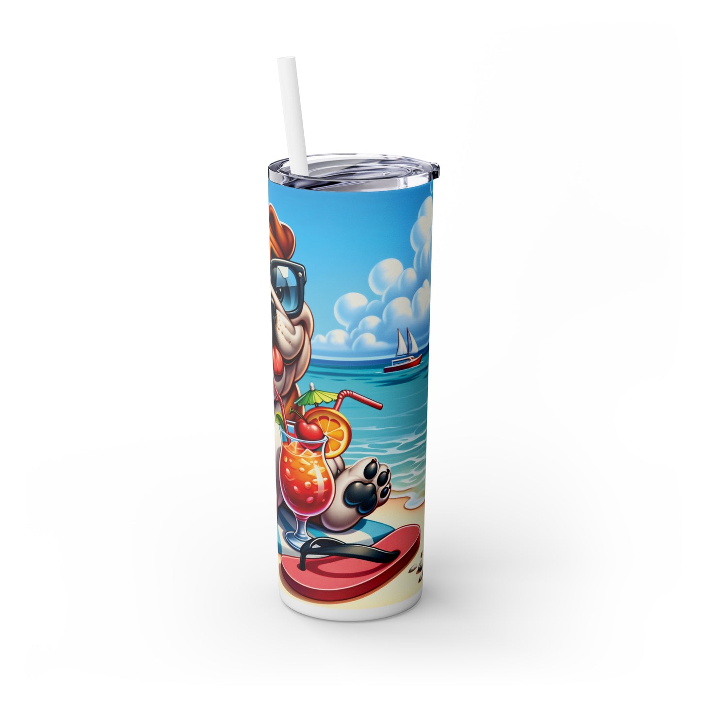 Skinny Tumbler with Straw, 20oz, Dog on Beach, English Bulldog, awd-1210