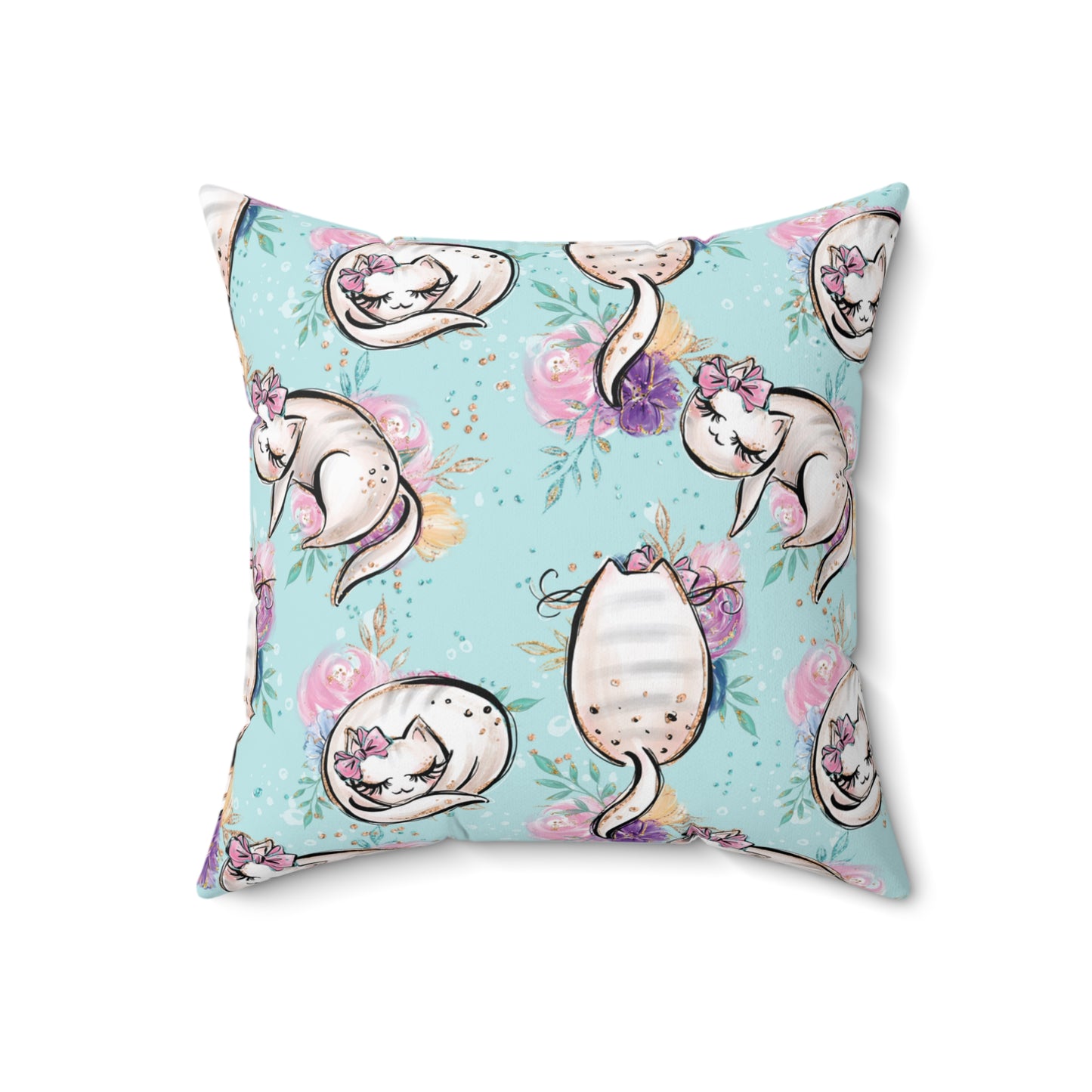 Spun Polyester Square Pillow, Cats Floral Cushion