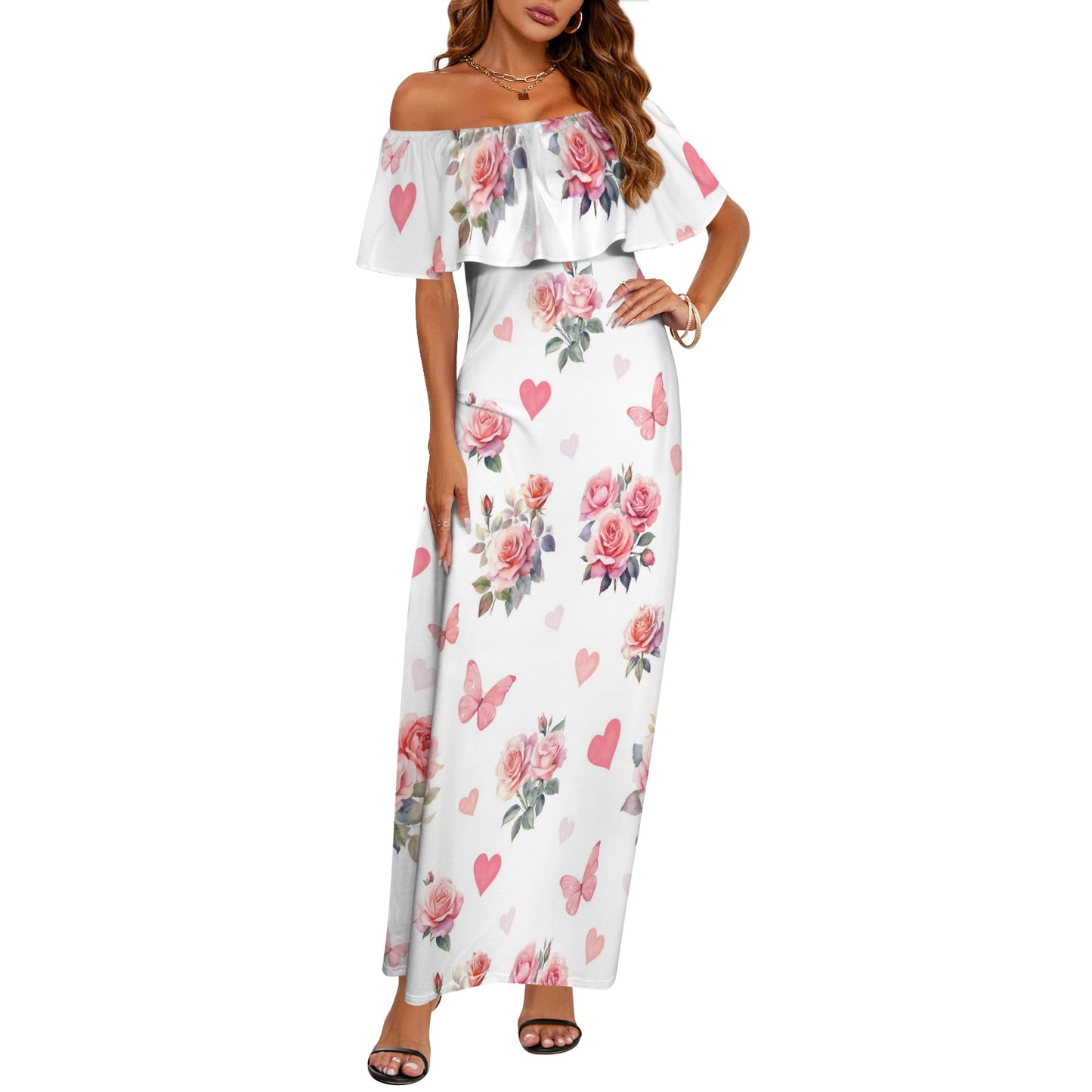 roses Women's Off Shoulder Ruffle Boat Neck Dress (Model D71)