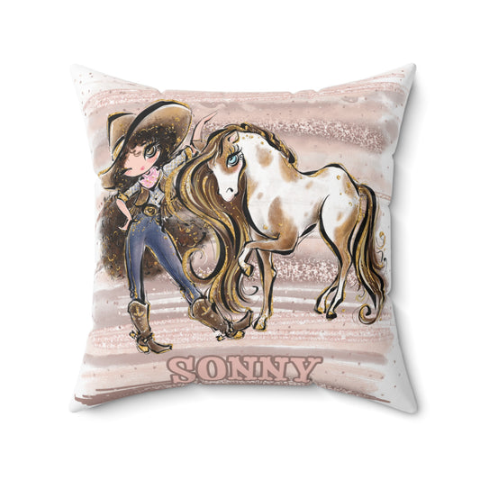 Personalised Cowgirl and Horse Cushion,  Brown Curly Hair, Brown Eyes, Polyester Square Cushion, Christmas cushion