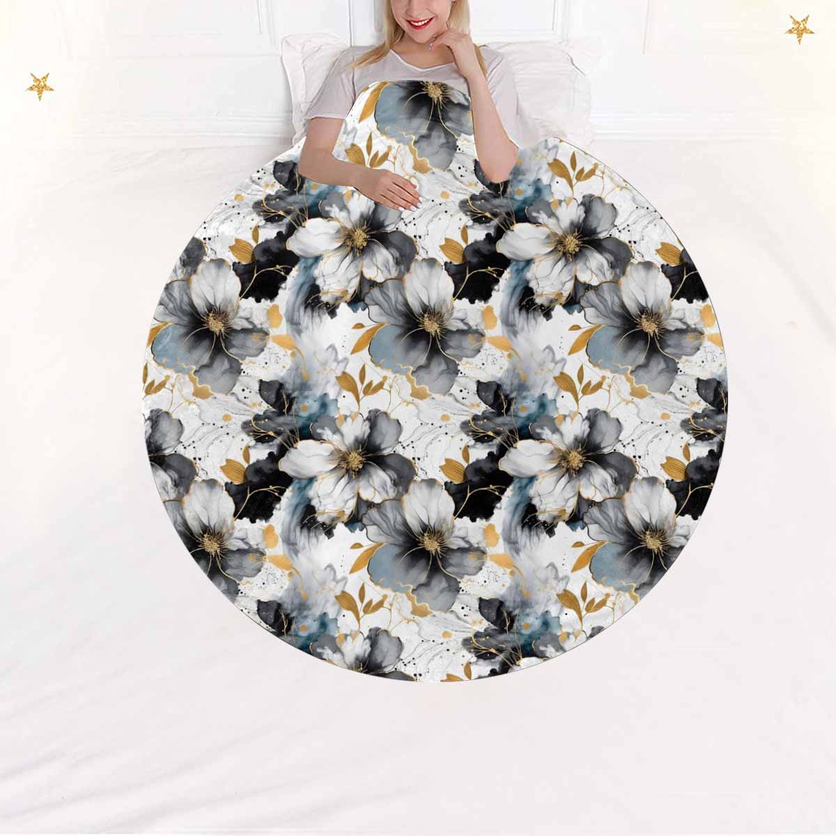 Black White and Gold  Circular Micro Fleece Blanket 60"