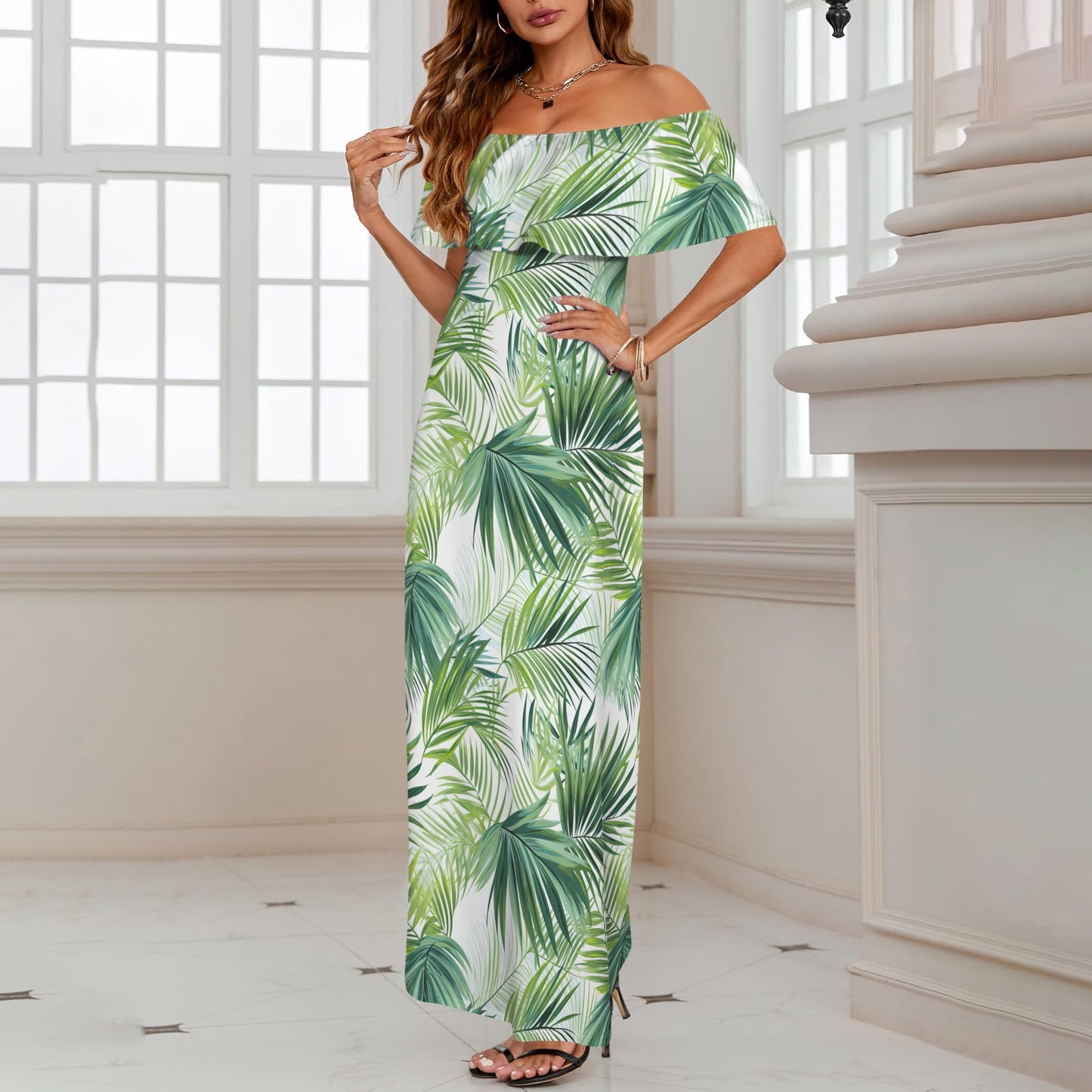 Green Palm Leaves Women's Off Shoulder Ruffle Boat Neck Dress (Model D71)