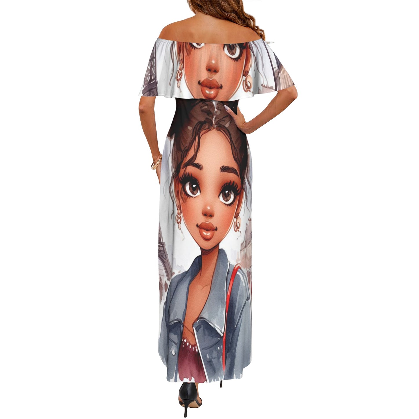 Girl 3 Women's Off Shoulder Ruffle Boat Neck Dress (Model D71)