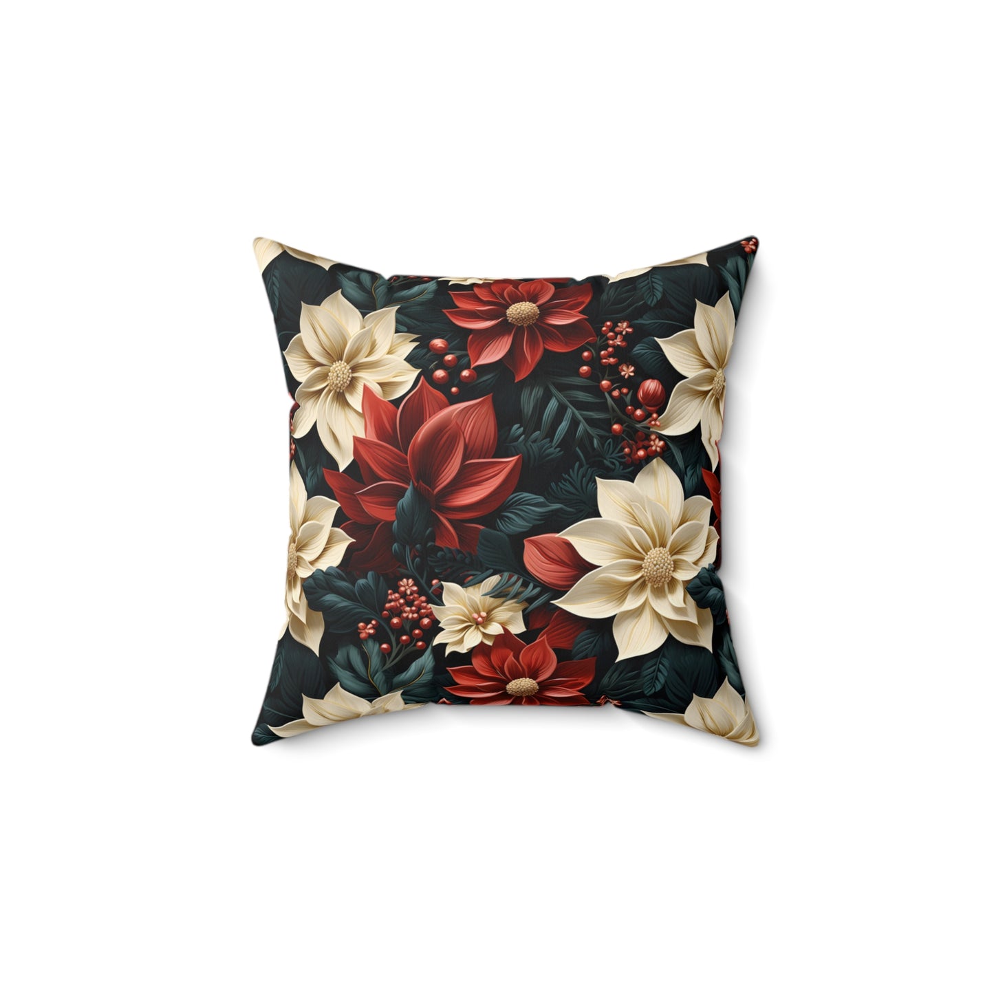 Spun Polyester Square Pillow, Poinsettia Floral Cushion