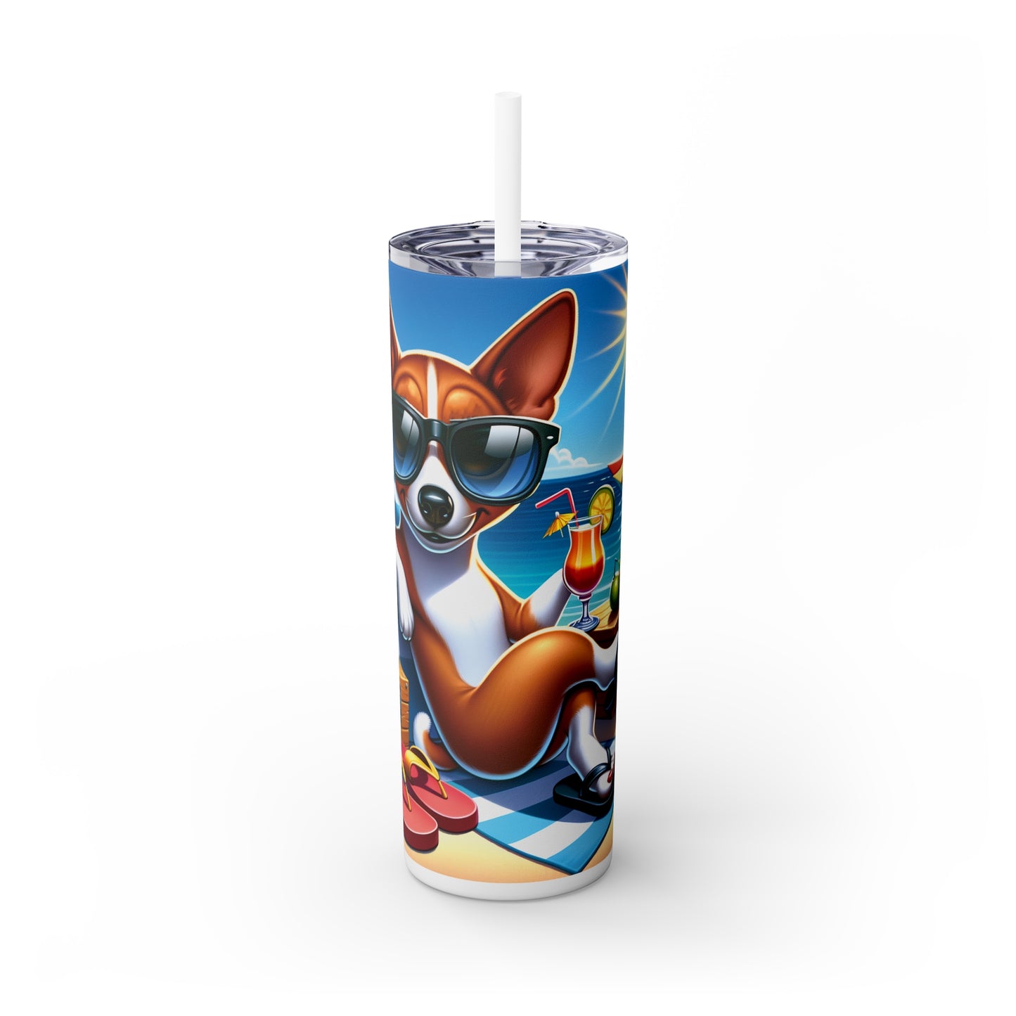 Skinny Tumbler with Straw, 20oz, Dog on Beach, Basenji, awd-1111