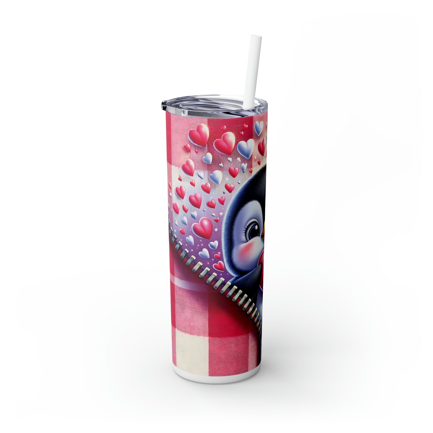 Skinny Tumbler with Straw, 20oz, Penguin, Valentines Day