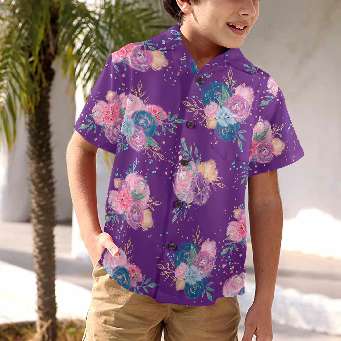 Purple Floral  Little Boys Hawaiian Shirt