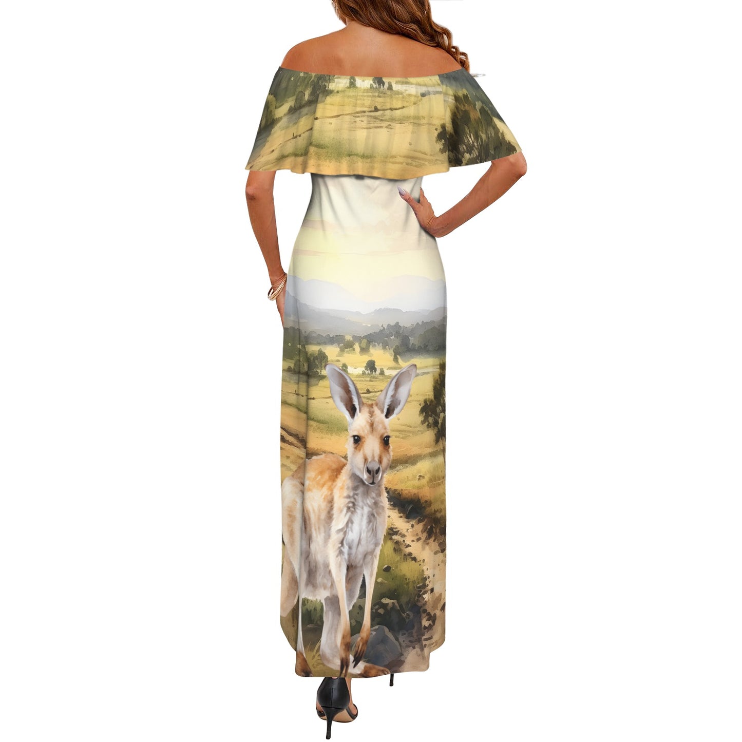 Australian Scene Kangaroo Women's Off Shoulder Ruffle Boat Neck Dress (Model D71)