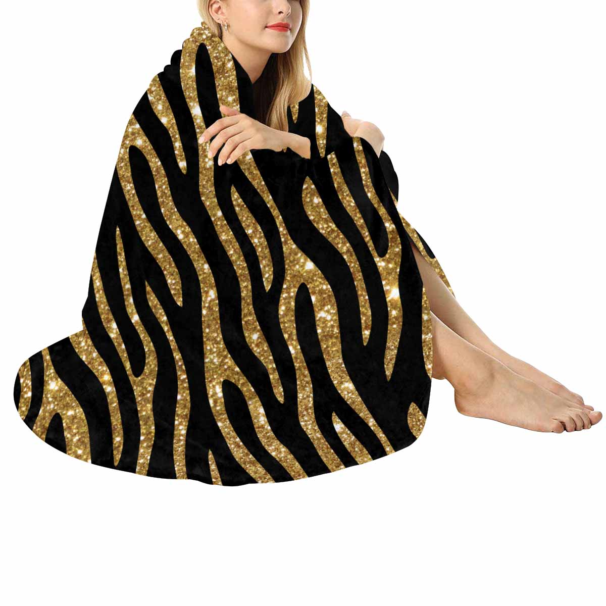 Black and Gold Glitter Leopard Print  Circular Micro Fleece Blanket 60"