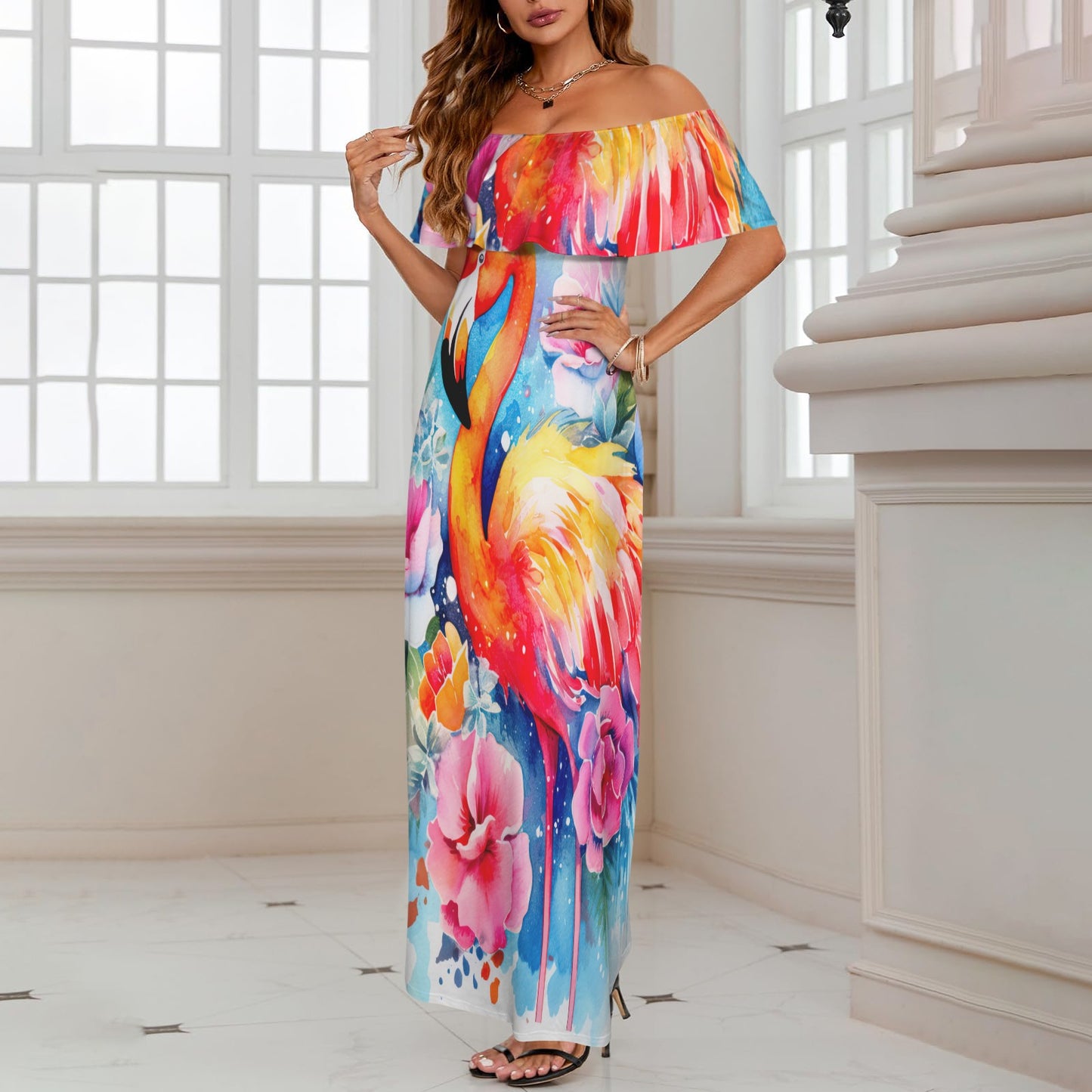 Flamingo awd242 Women's Off Shoulder Ruffle Boat Neck Dress (Model D71)