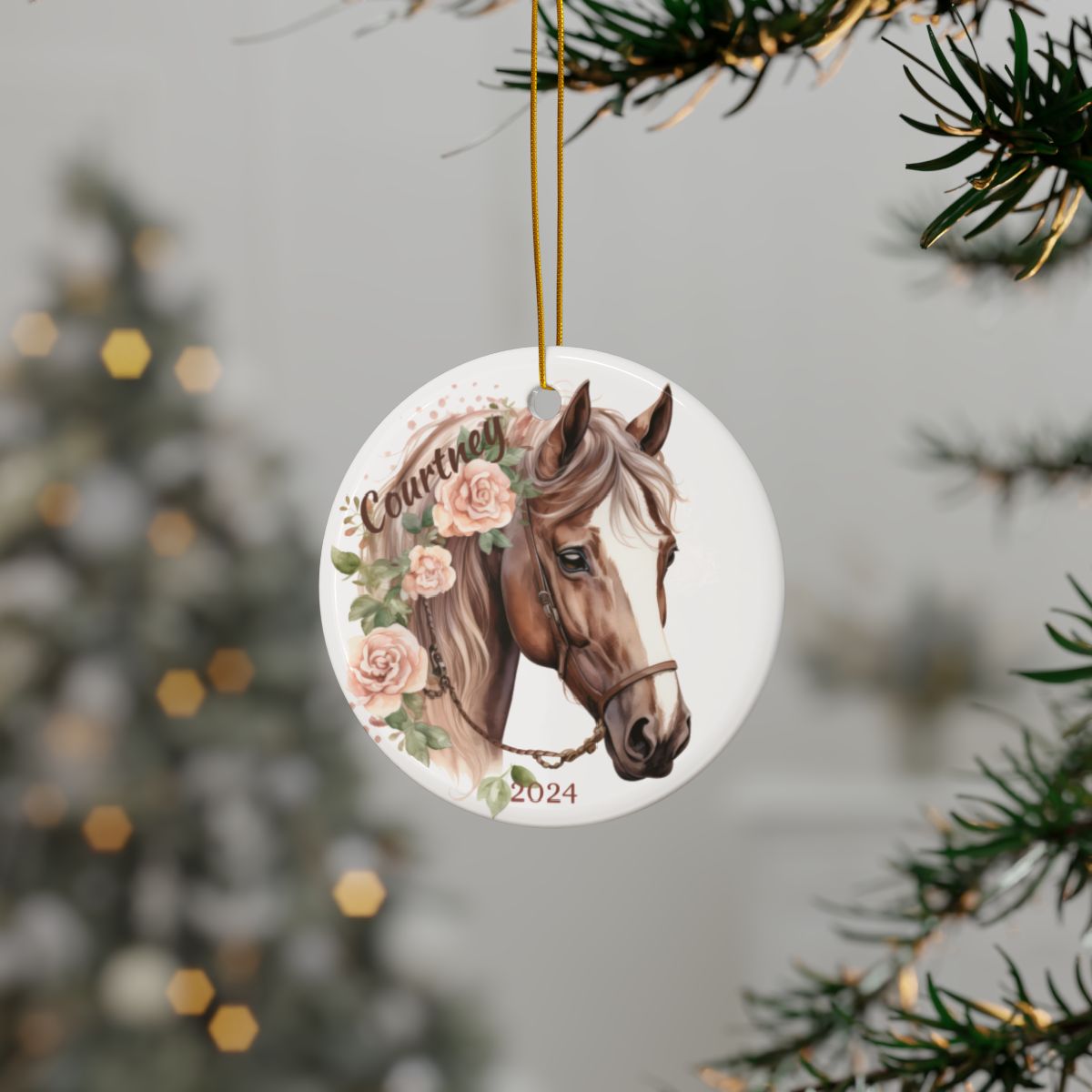 Floral Horse Ornament, Personalized Ceramic Keepsake, Holiday Decor Gift, Custom Name Ornament, Horse Lover Gift, Ceramic Ornament
