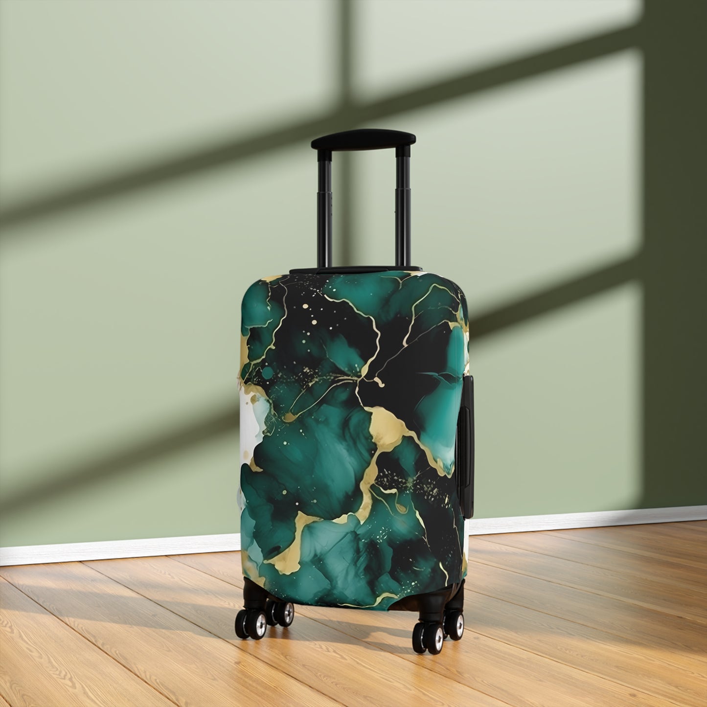 Luggage Cover, Alcohol Ink Green and Gold Floral