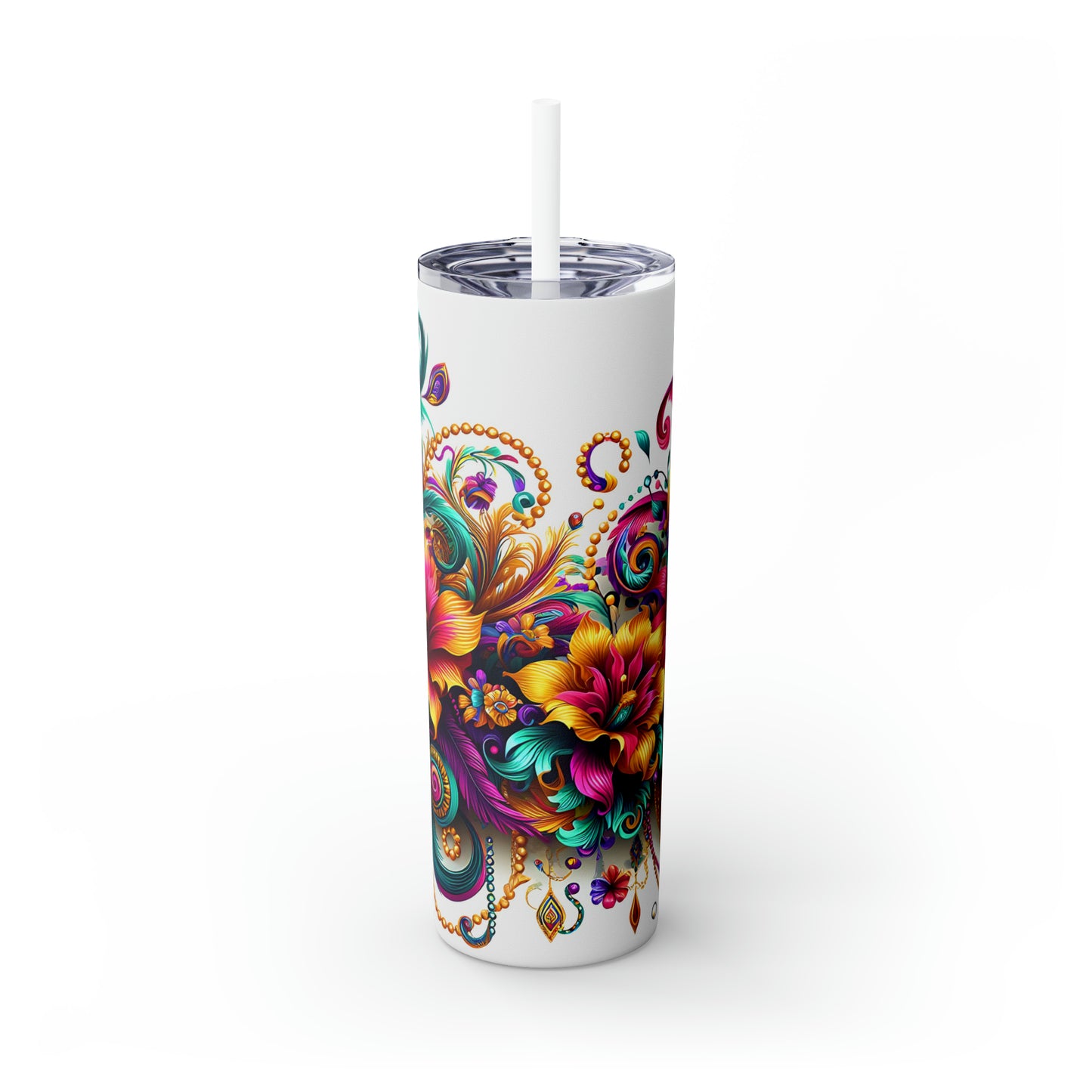 Skinny Tumbler with Straw, 20oz, Floral, Mardi Gras