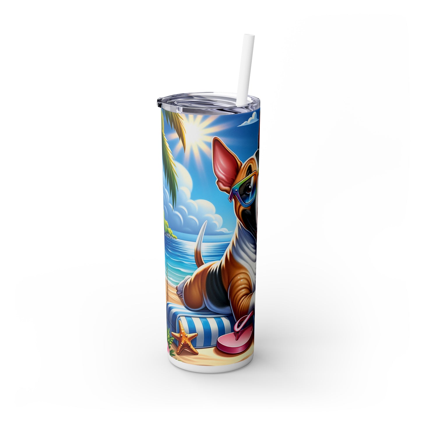 Skinny Tumbler with Straw, 20oz, Dog on Beach, Bull Terrier, awd-1201