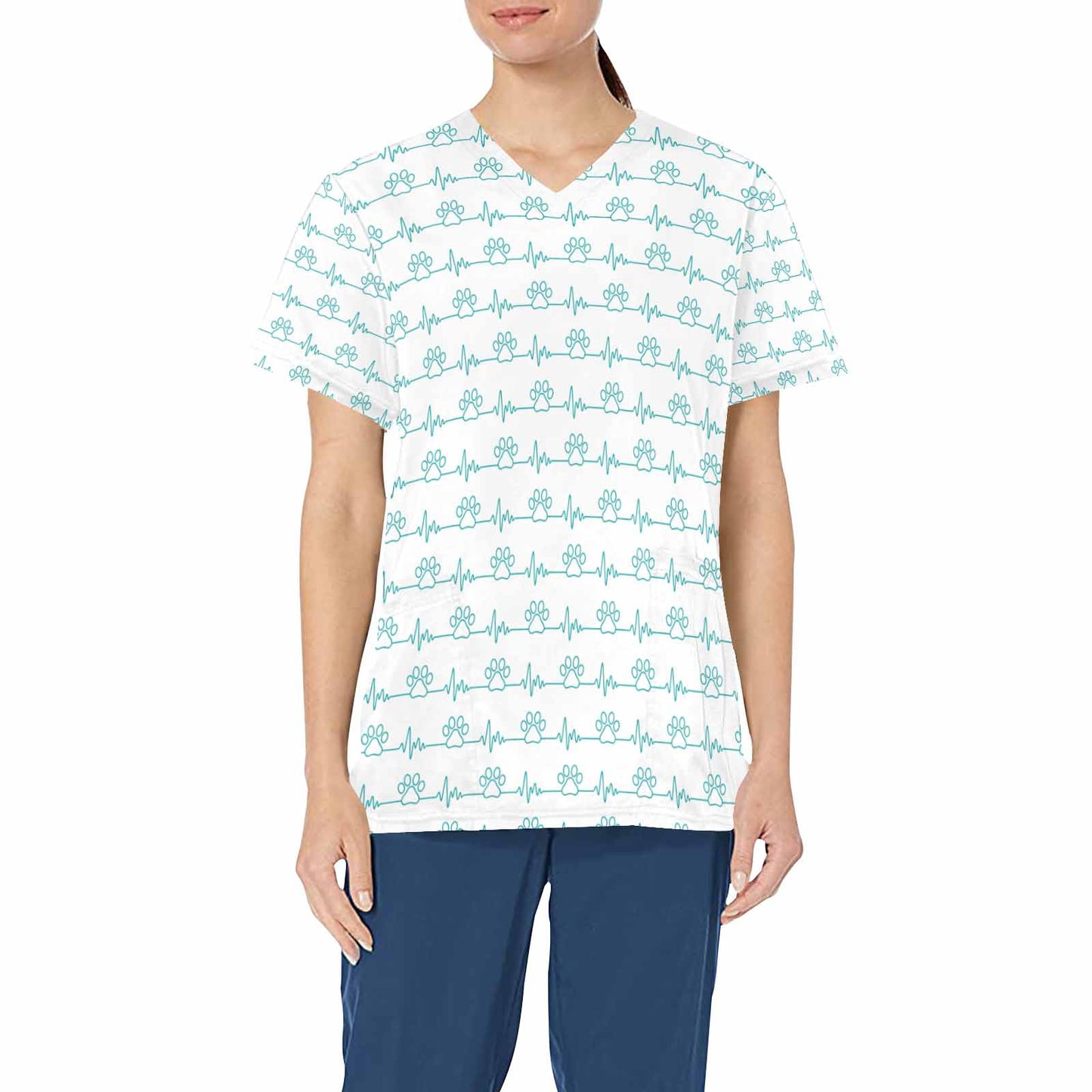 Green Dog Paw Heartbeat  Women's V Neck Scrub Top Nurse Uniform with Deep Front Pockets