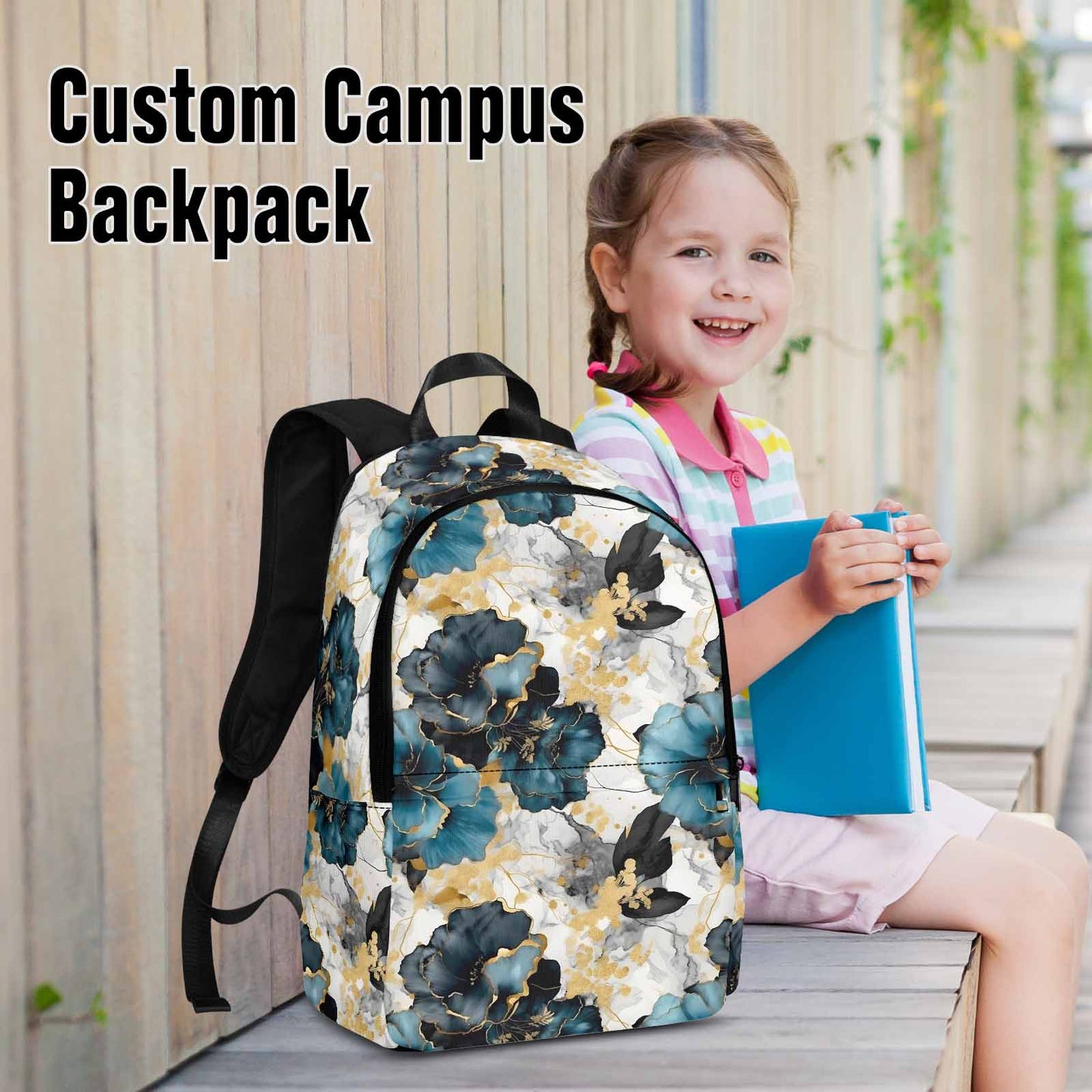 Blue & Gold Ink Floral  Adult Casual Backpack