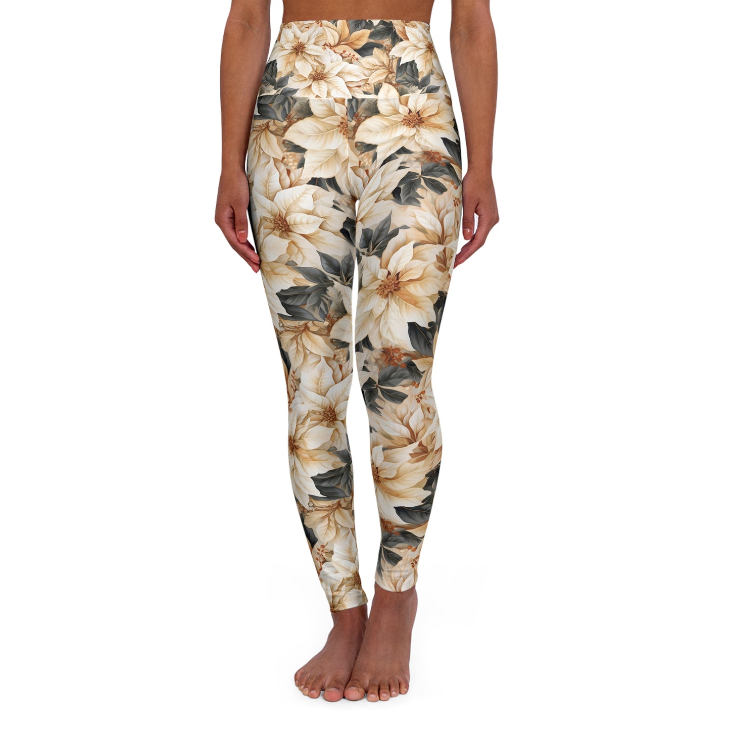 High Waisted Yoga Leggings Cream Poinsettia