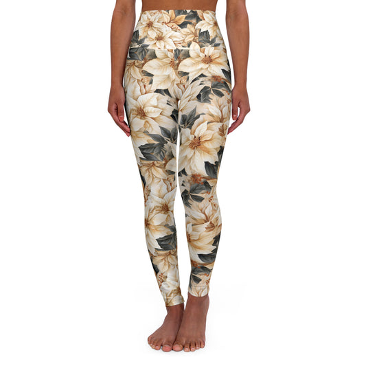 High Waisted Yoga Leggings Cream Poinsettia