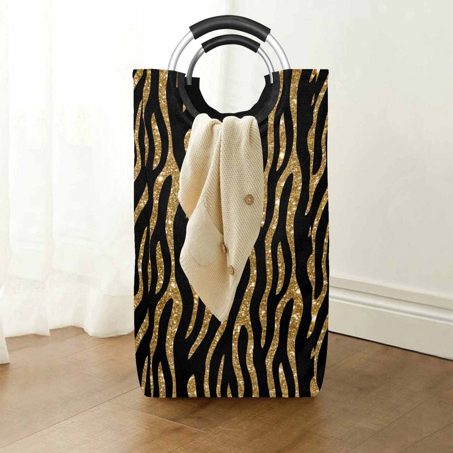 Black and Gold Glitter Leopard Print  Square Laundry Basket