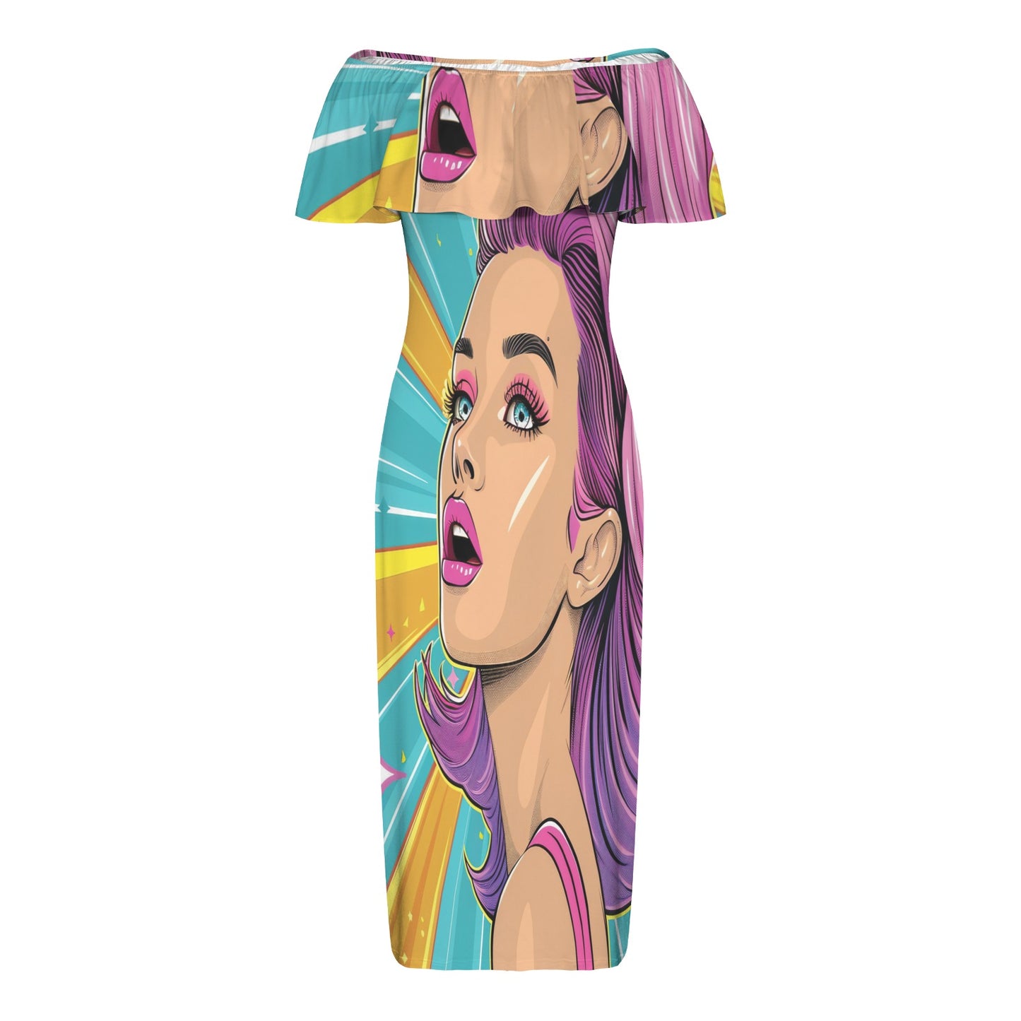 Pop art awd710 Women's Off Shoulder Ruffle Boat Neck Dress (Model D71)