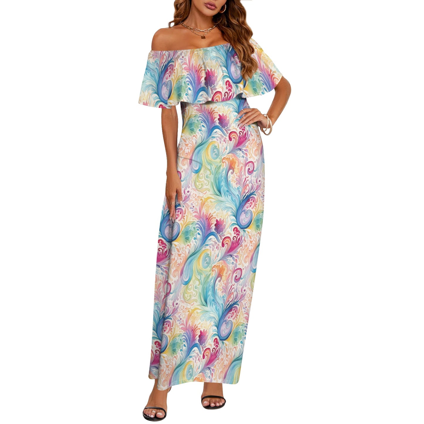 Pastel Rainbow Paisley Women's Off Shoulder Ruffle Boat Neck Dress (Model D71)