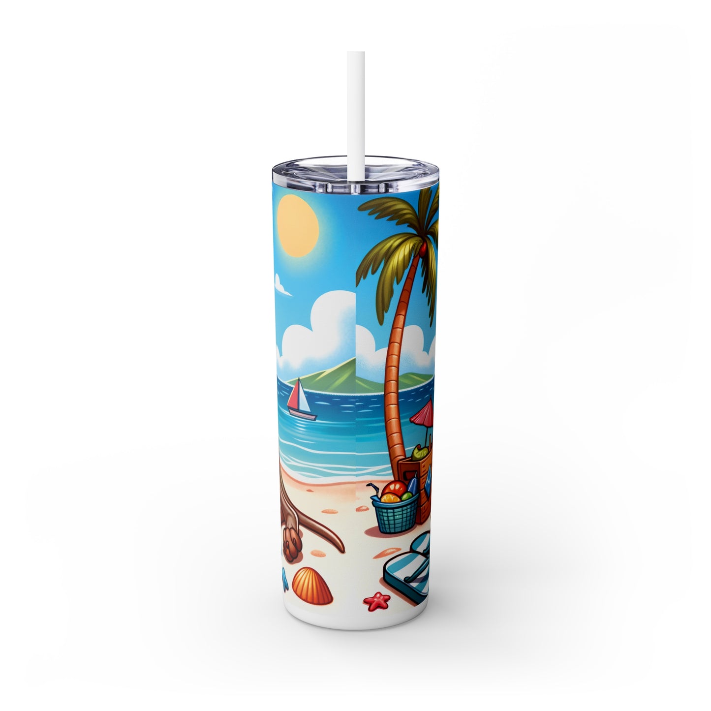 Skinny Tumbler with Straw, 20oz, Dog on Beach, Weimaraner, awd-1250