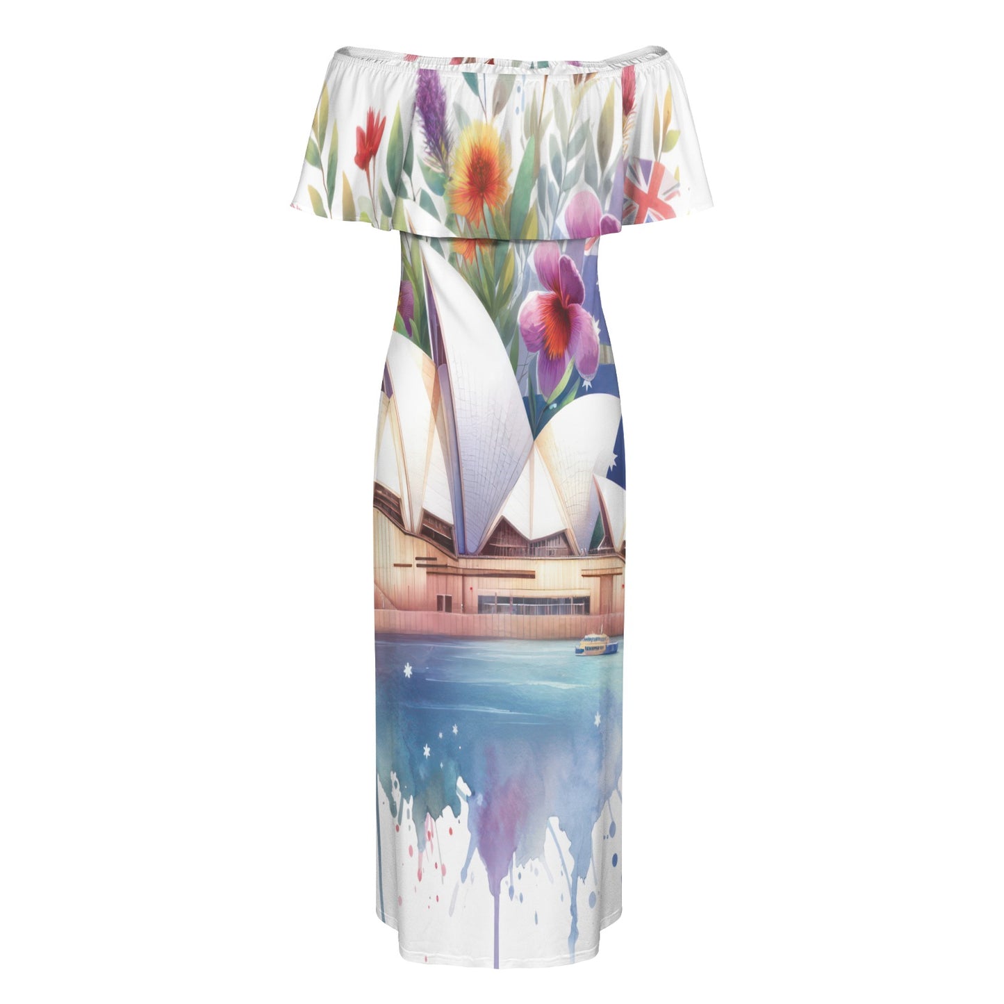 Sydney Harbour Bridge Australia awd1313 Women's Off Shoulder Ruffle Boat Neck Dress (Model D71)