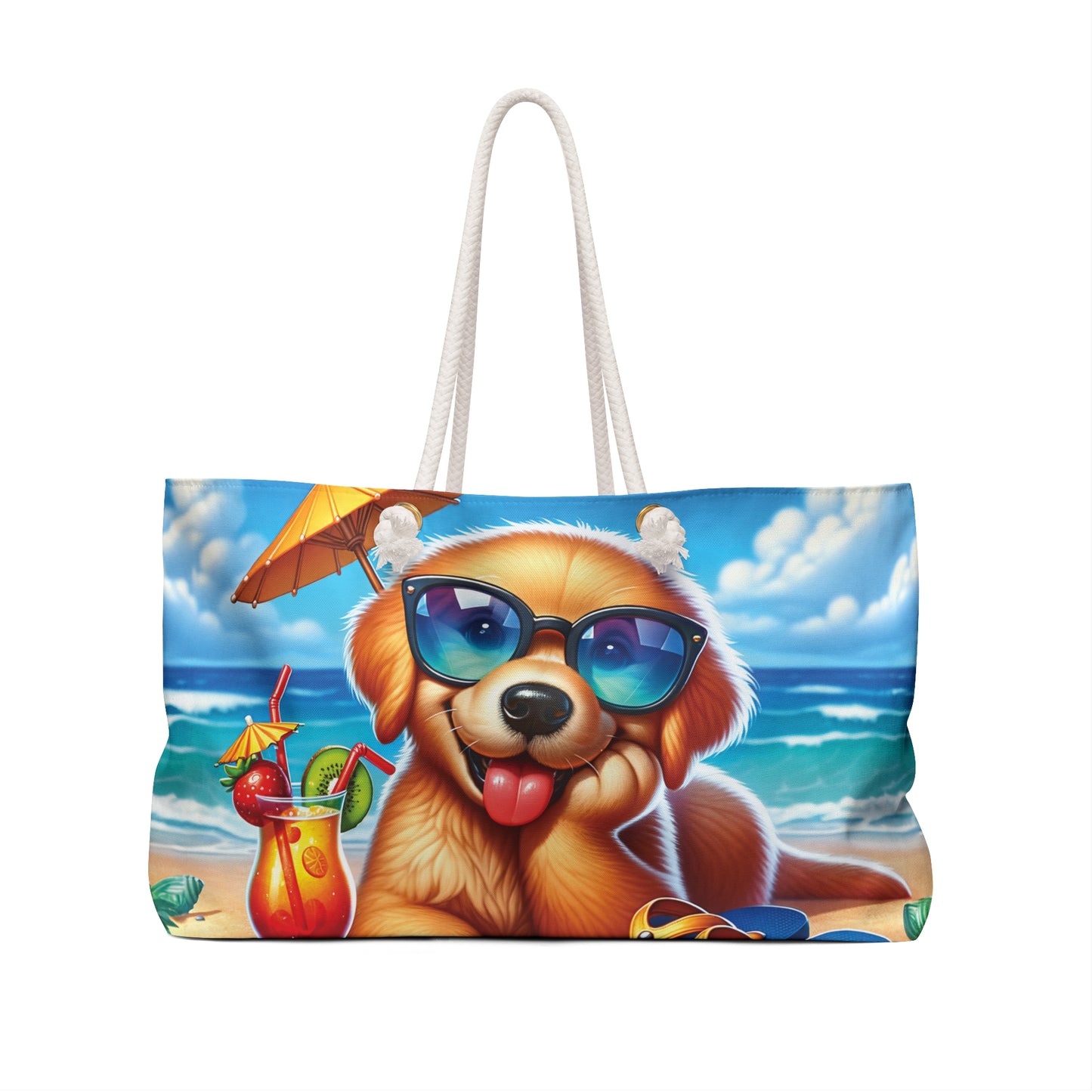 Personalised/Non-Personalised Weekender Bag, Summer Beach Dog, Golden Retriever, Large Weekender Bag, Beach Bag, Book Bag