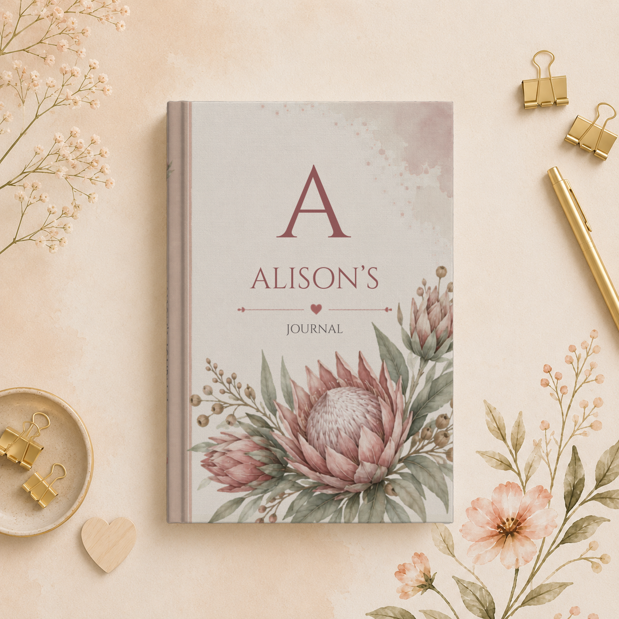 Personalized Australian Protea Floral Journal, Custom Name Diary, Elegant Matte Hardcover Notebook, Aesthetic Gift for Her, Inspirational Writing Book