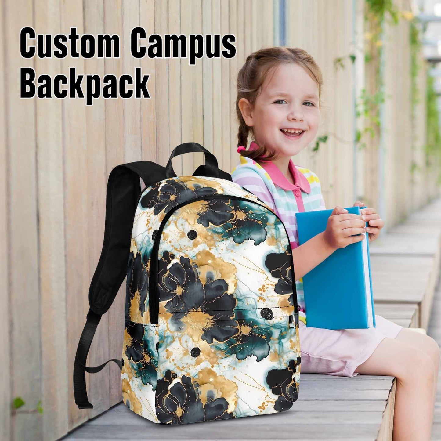 Black Gold & Green Ink Floral Adult Casual Backpack