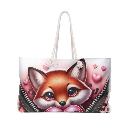 Personalised/Non-Personalised Weekender Bag, Cute Fox, Zipper, Valentines Day, Large Weekender Bag, Beach Bag, Book Bag