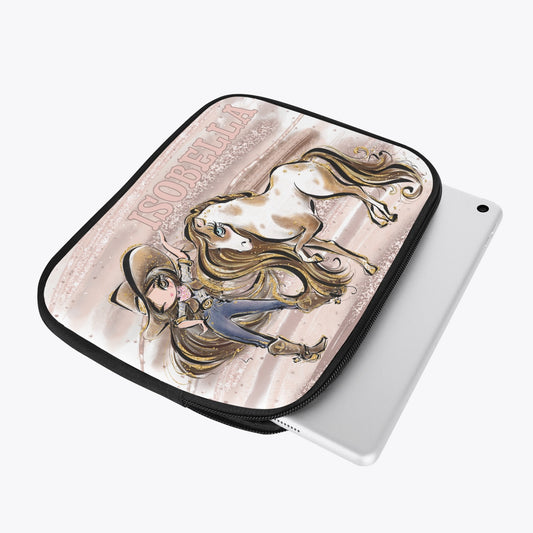 Tablet Sleeve - Howdy, Cowgirl and Horse, Brunette Hair, Brown Eyes