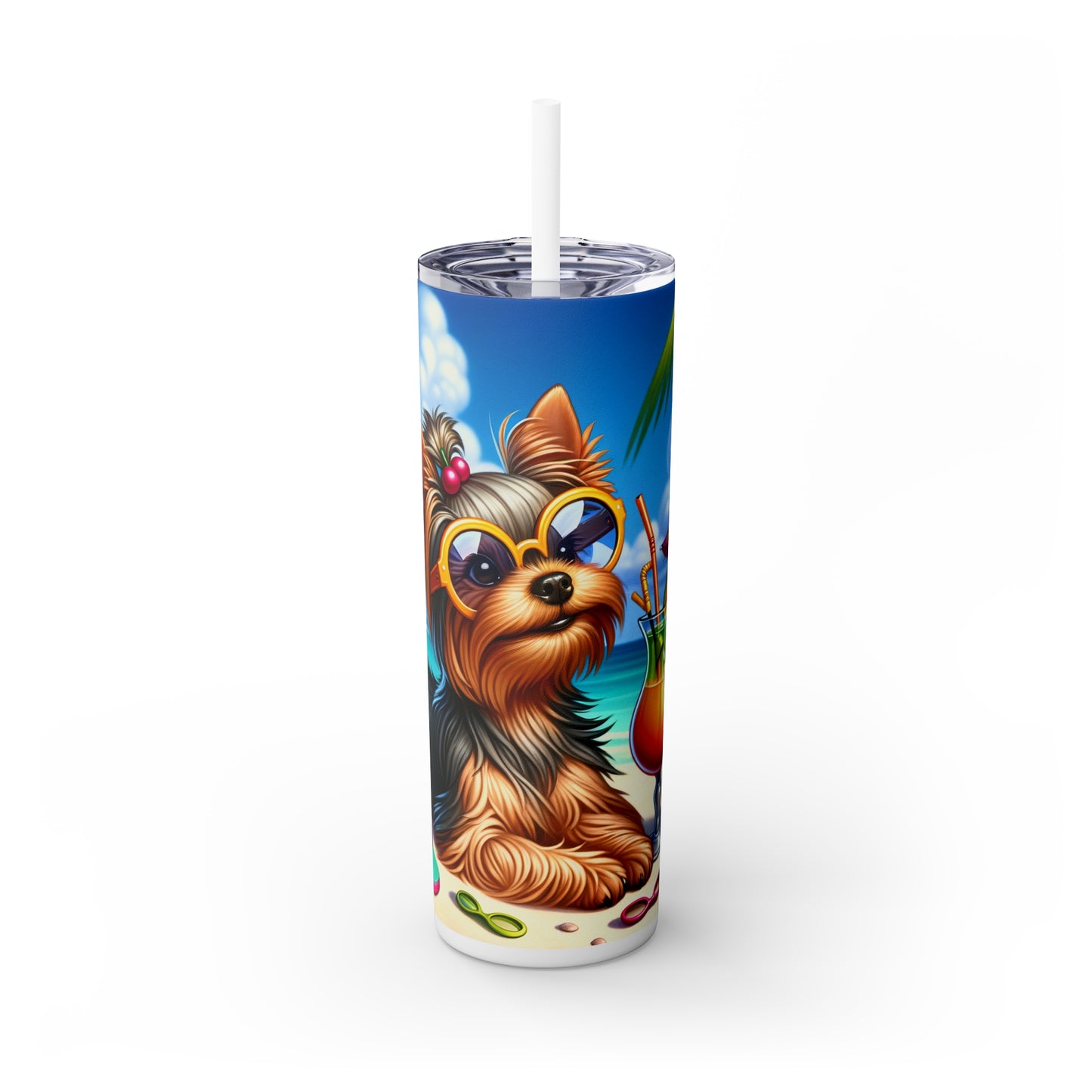 Skinny Tumbler with Straw, 20oz, Dog on Beach, Yorkshire Terrier, awd-1254